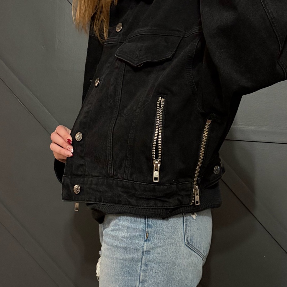 Zara Black Denim Jacket ZW Zippered - Picture 4 of 7